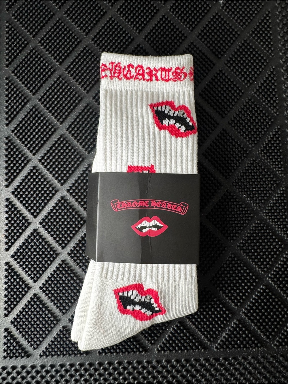 Chrome Hearts White Crew Socks with Red and Black Lip Motif